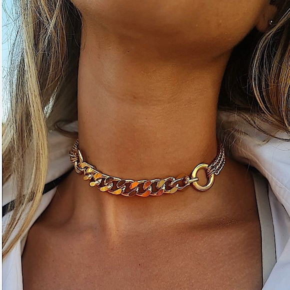 Gold Chain Link O Ring Choker Necklace Statement Cuban Chain Link Gold Plated. - Picture 2 of 9